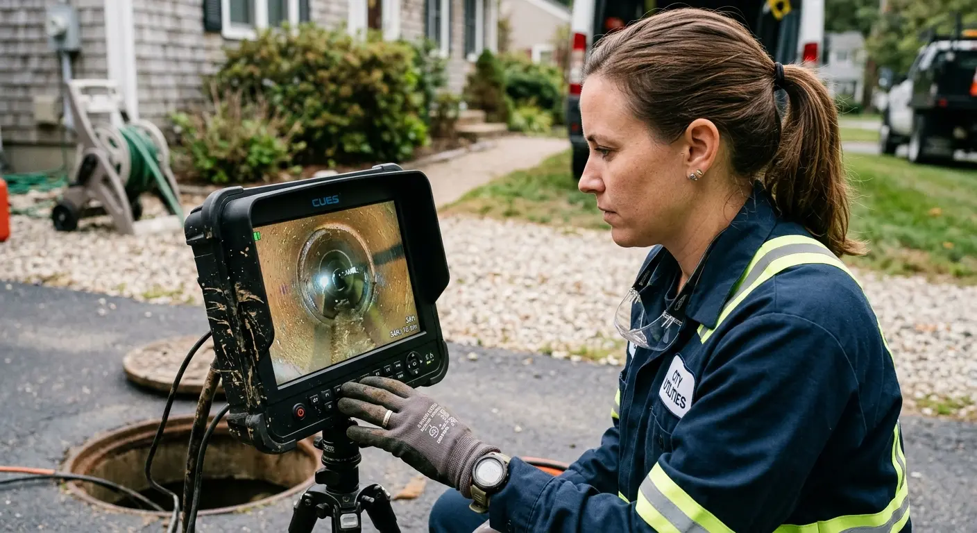 Technician reviewing sewer camera inspection footage in Oatfield