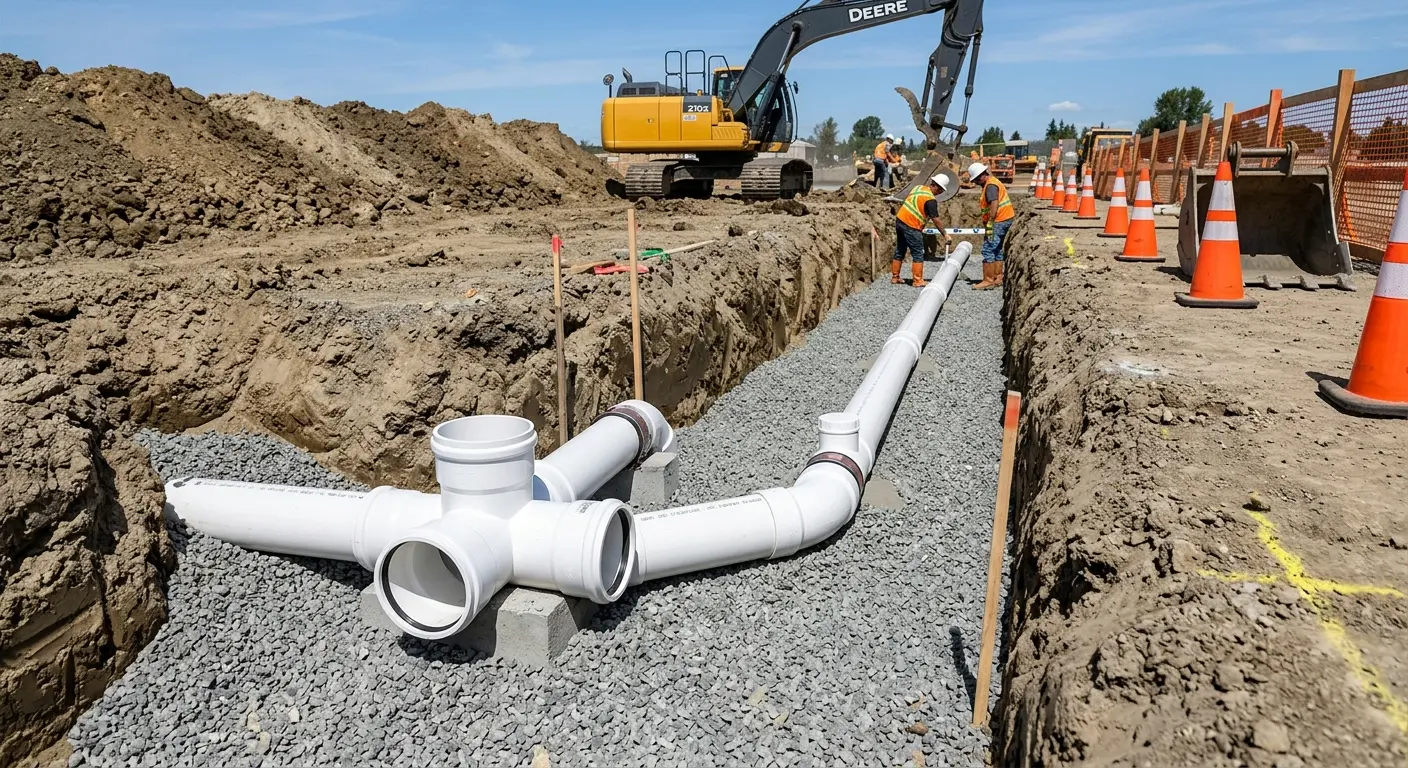 New PVC sewer pipe installation in open trench for Grease Trap Cleaning in Oatfield