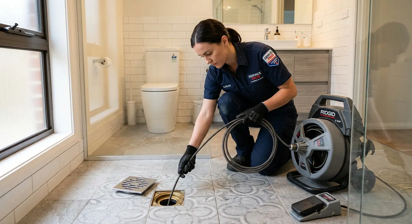 Technician clearing a bathroom floor drain for Hydro Jetting in Oatfield